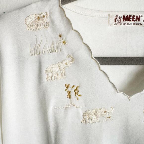 Vintage Meen Embroidered Animal Safari Neckline Classic White Tee T-Shirt M - Picture 4 of 10